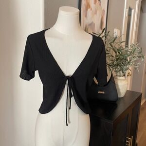 DAZY Tie Front Cropped Cardigan Womens S Black Excellent Ribbed Shrug Bolero Top
